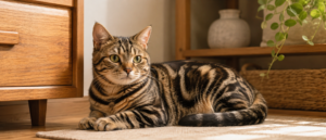 落ち着いた室内で、温かみのある木製家具のそばでくつろぐ温厚な印象の猫の静物構図
