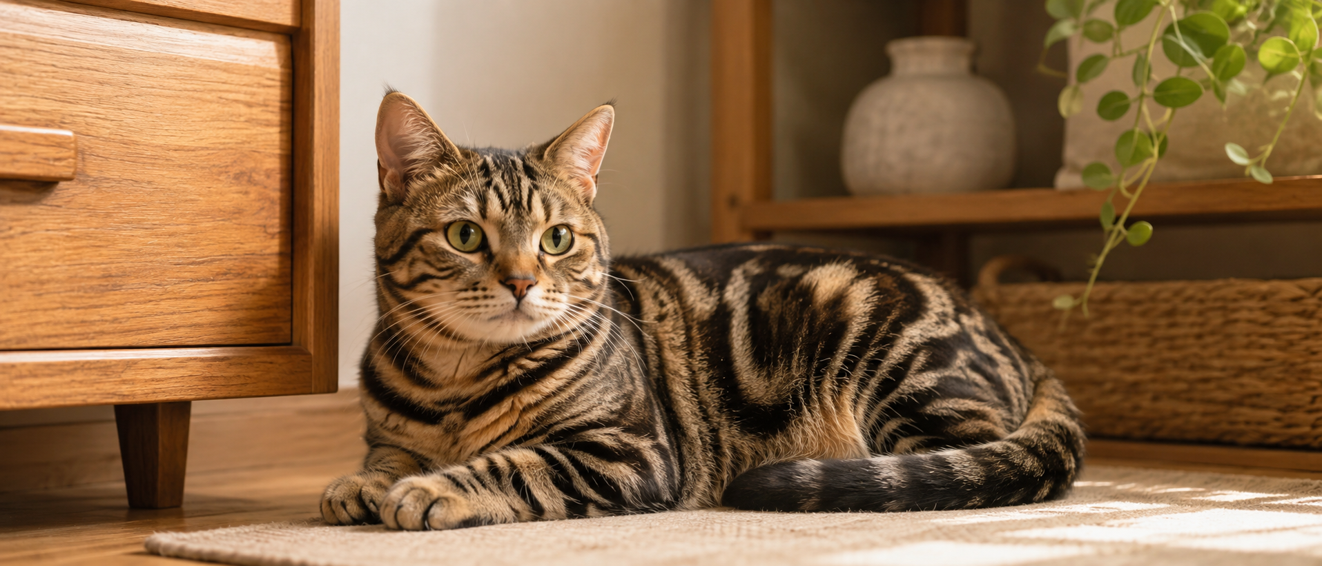 落ち着いた室内で、温かみのある木製家具のそばでくつろぐ温厚な印象の猫の静物構図