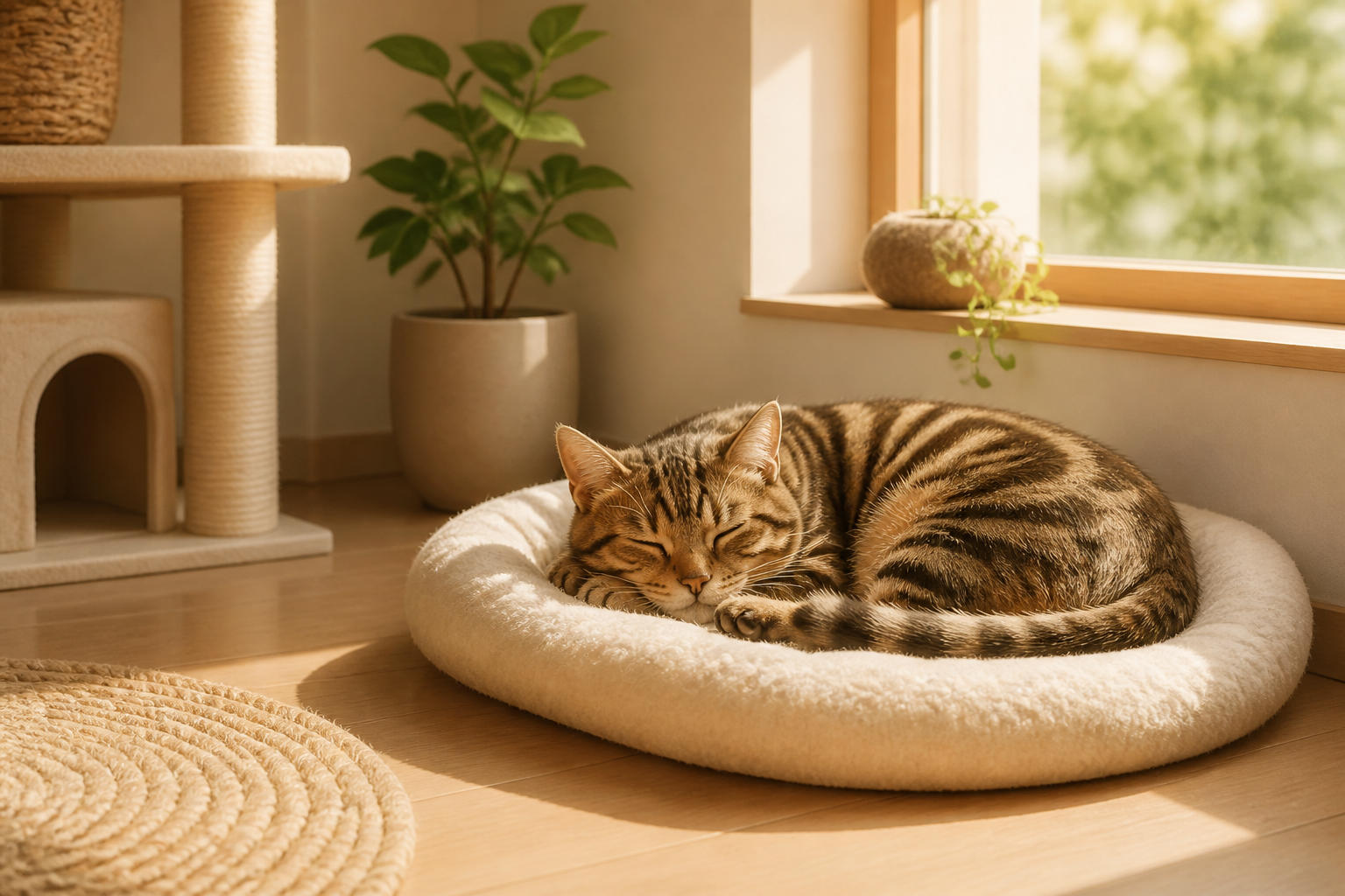 日差しが入る部屋で安心して眠る猫と、穏やかな室内空間の静物構図