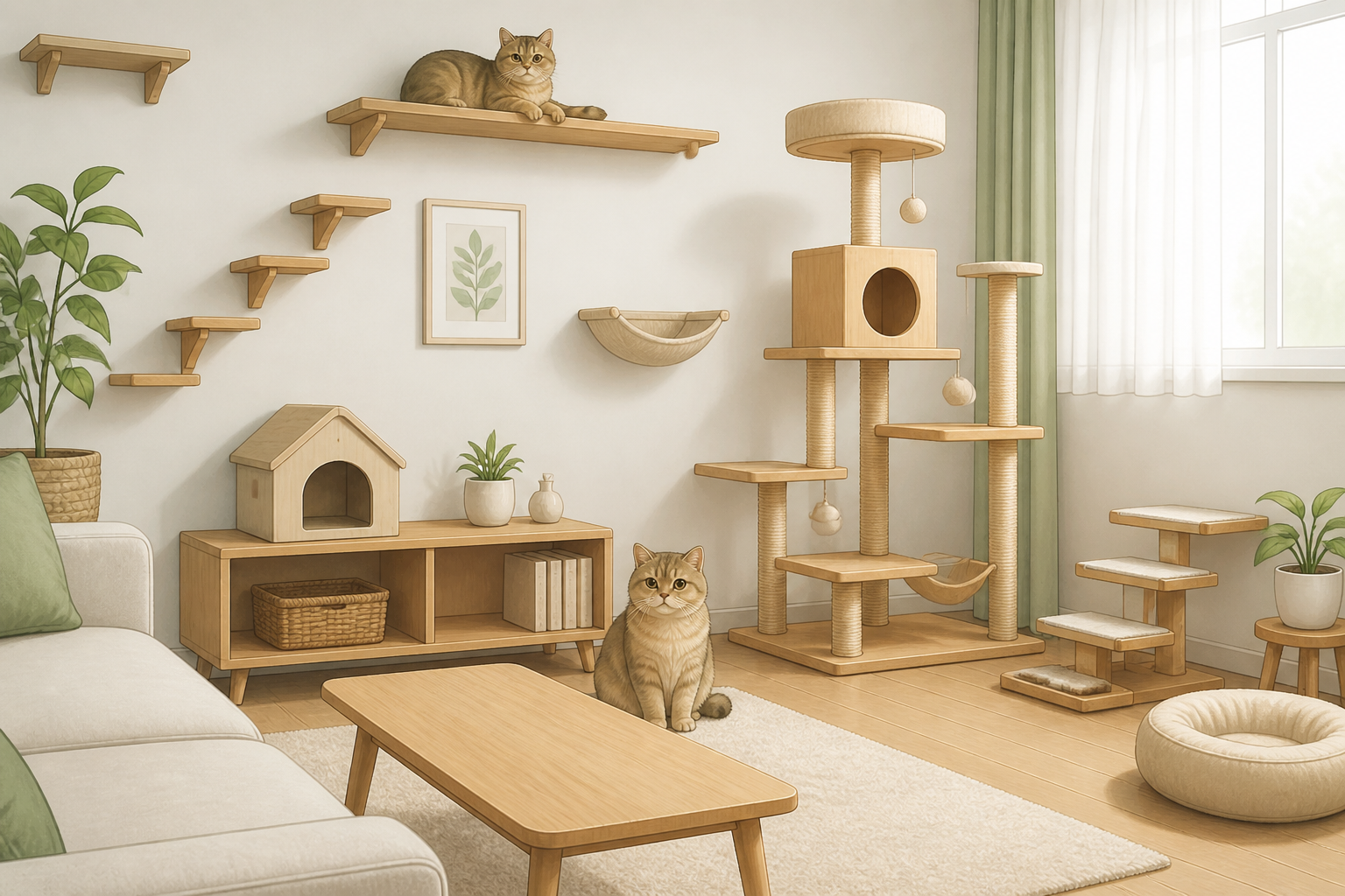 猫が快適に移動できるステップやキャットタワーが適切に配置された清潔なリビング