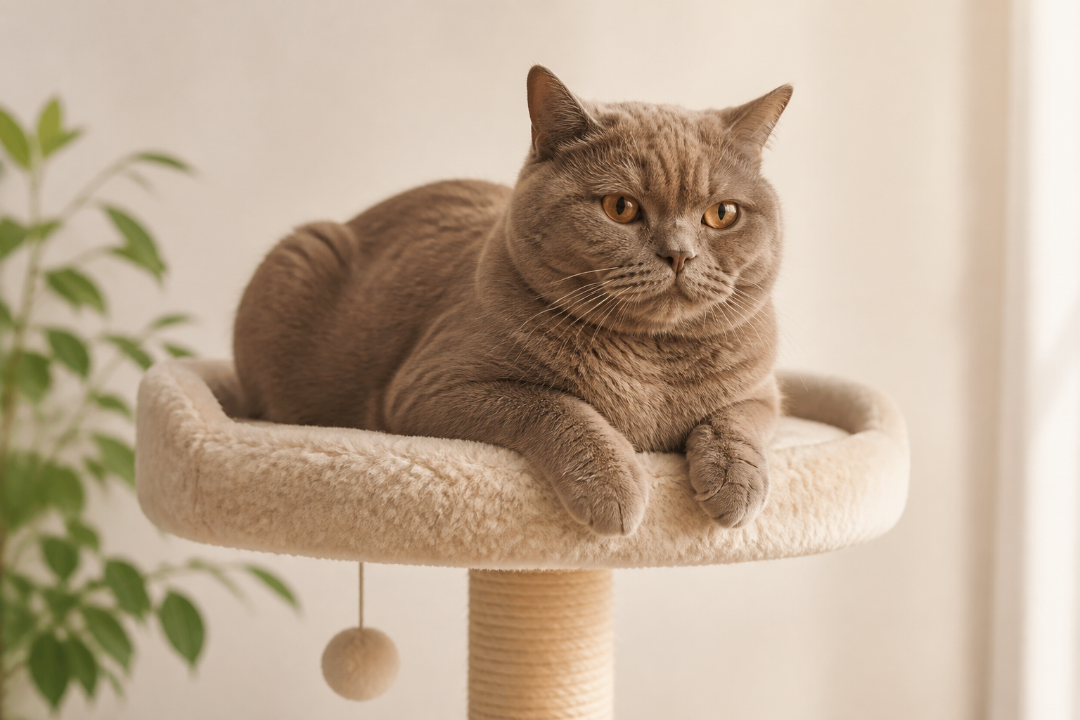 キャットタワーの最上段でリラックスして佇む落ち着いた表情のブリティッシュショートヘア
