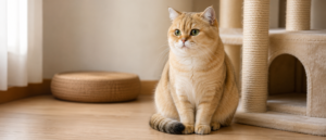 落ち着いた室内でキャットタワーの近くに佇む美しく毛並みの揃ったブリティッシュショートヘアの静物構図