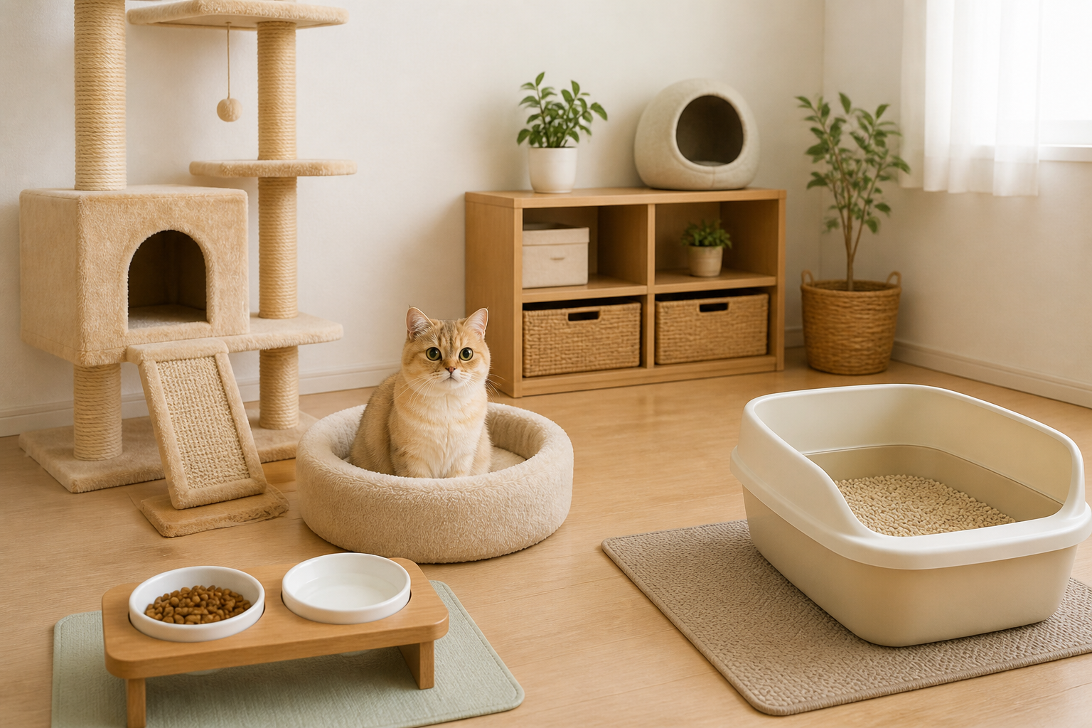 清潔に整えられた猫の飼育スペースとフードボウルやトイレが配置された室内構図