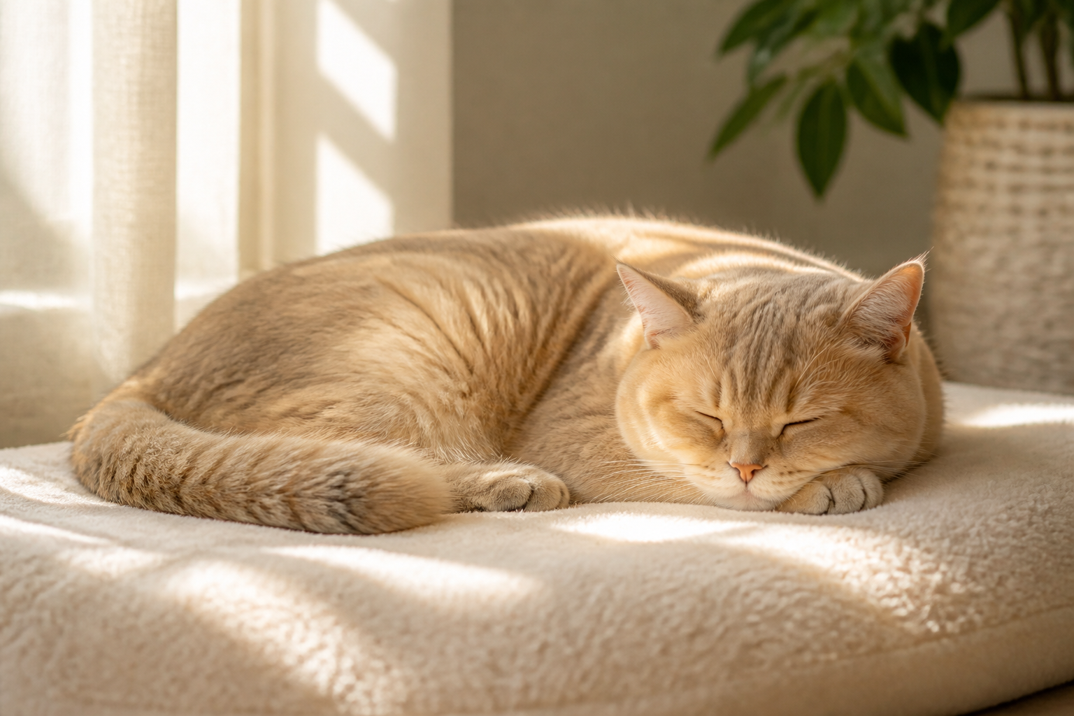 陽光が差し込む落ち着いた部屋でやすらかに眠るブリティッシュショートヘアの静物構図