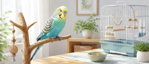 明るい室内でケージから出て木製パーチの上でリラックスしている色鮮やかなセキセイインコ