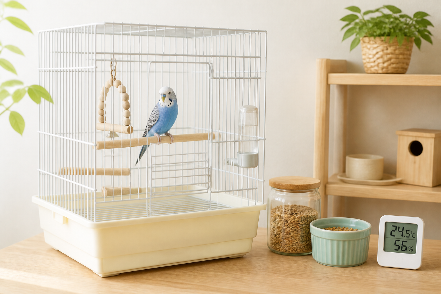 清潔に整えられた鳥用ケージとエサ入れ、温度計が設置された静かな飼育コーナー