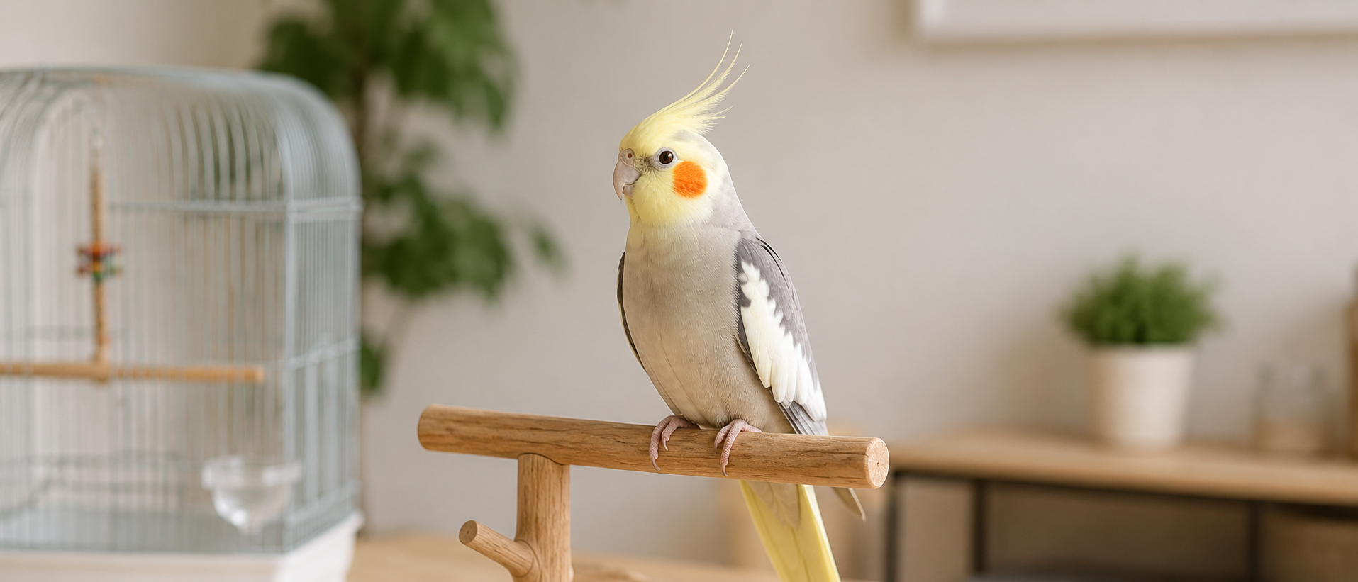 落ち着いた室内でケージから出て木製パーチの上にとたたずむ冠羽の立った綺麗なオカメインコ