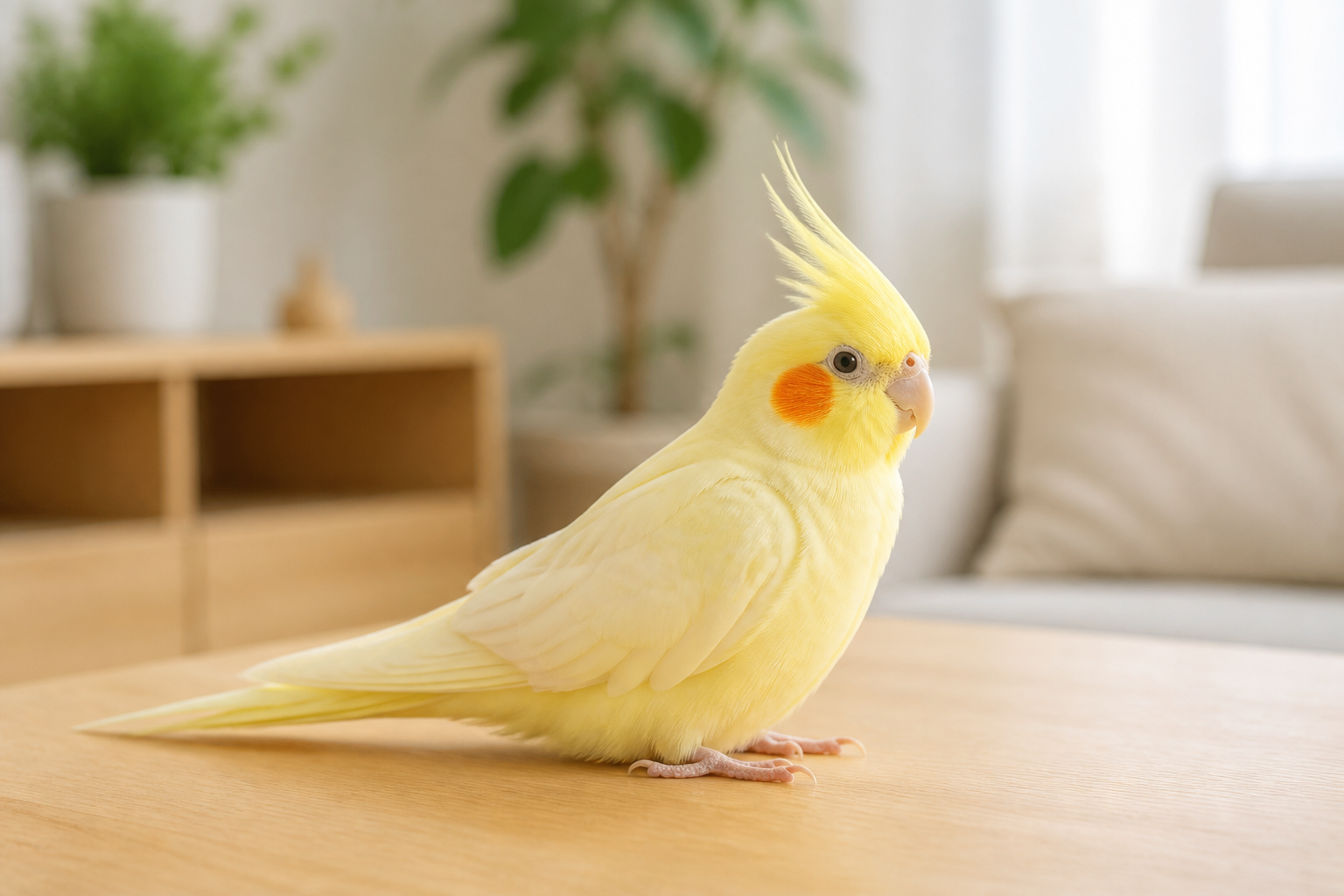 明るいリビングのテーブルの上で羽を休めるルチノーカラーのオカメインコ