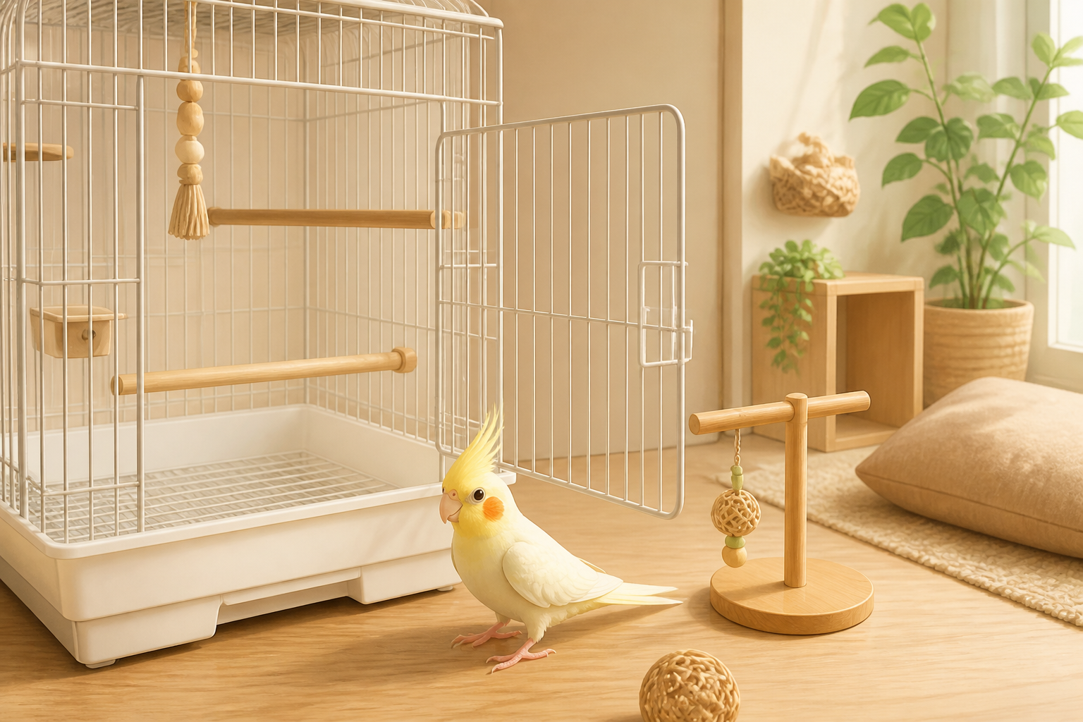 温かみのある部屋でケージの扉を開け、放鳥の時間を安全に楽しんでいる様子