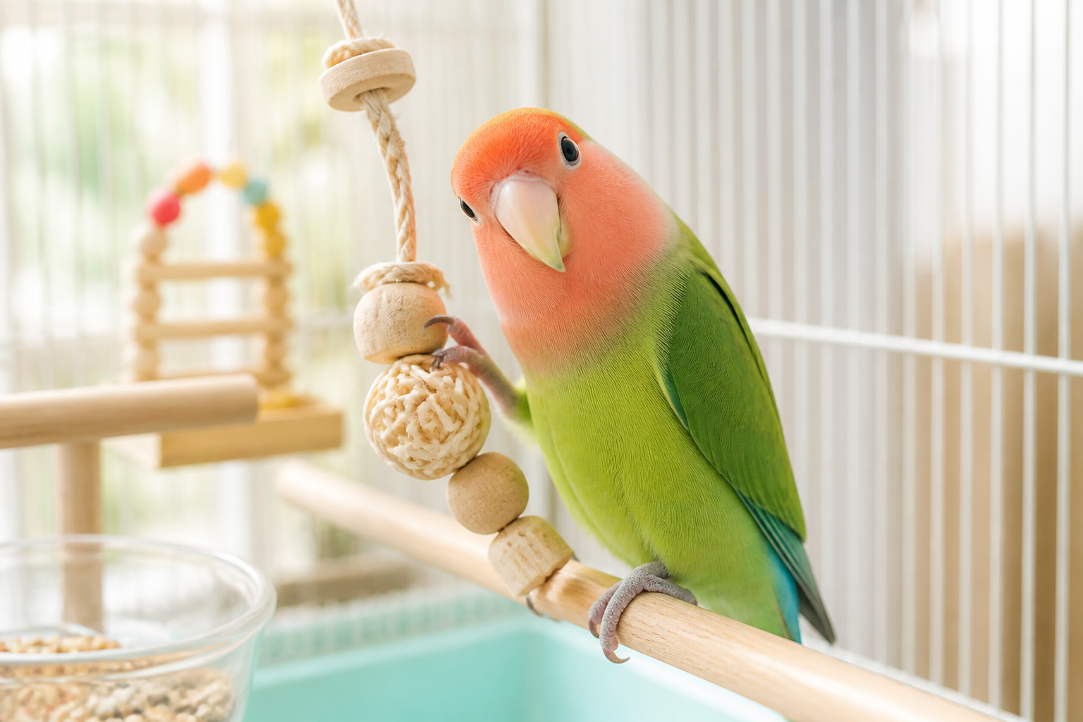 清潔なケージの中で、おもちゃで遊びながらこちらを興味深そうに見つめているインコ