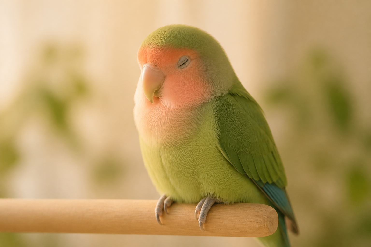 飼い主の指にちょこんと乗り、安心しきった様子で目を閉じているコザクラインコ