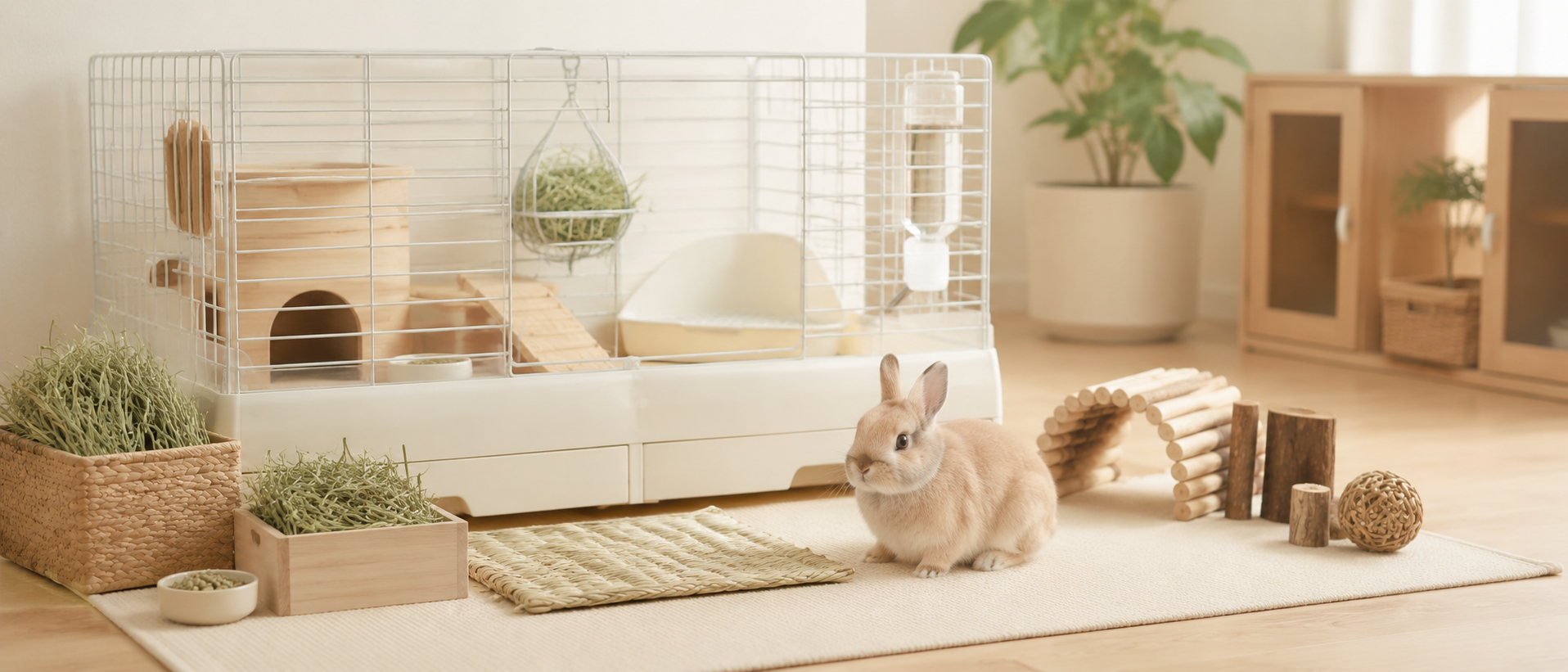 落ち着いた室内で専用のケージやチモシーが整えられたうさぎの飼育スペース