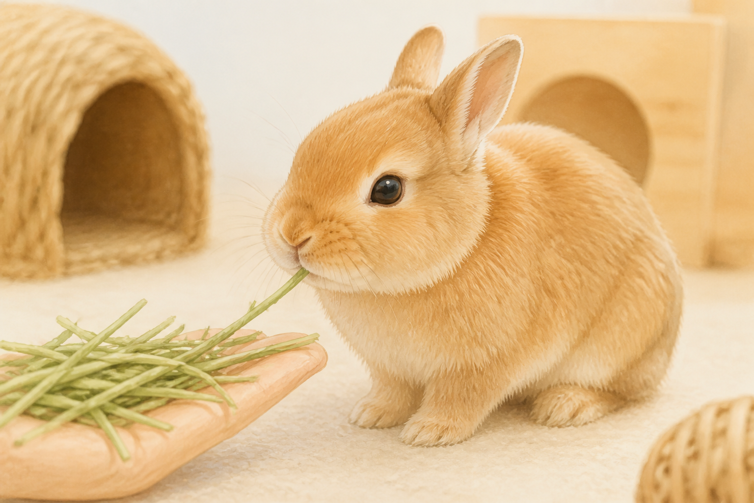 飼い主の手から優しく牧草を食べ、安心して落ち着いているネザーランドドワーフ
