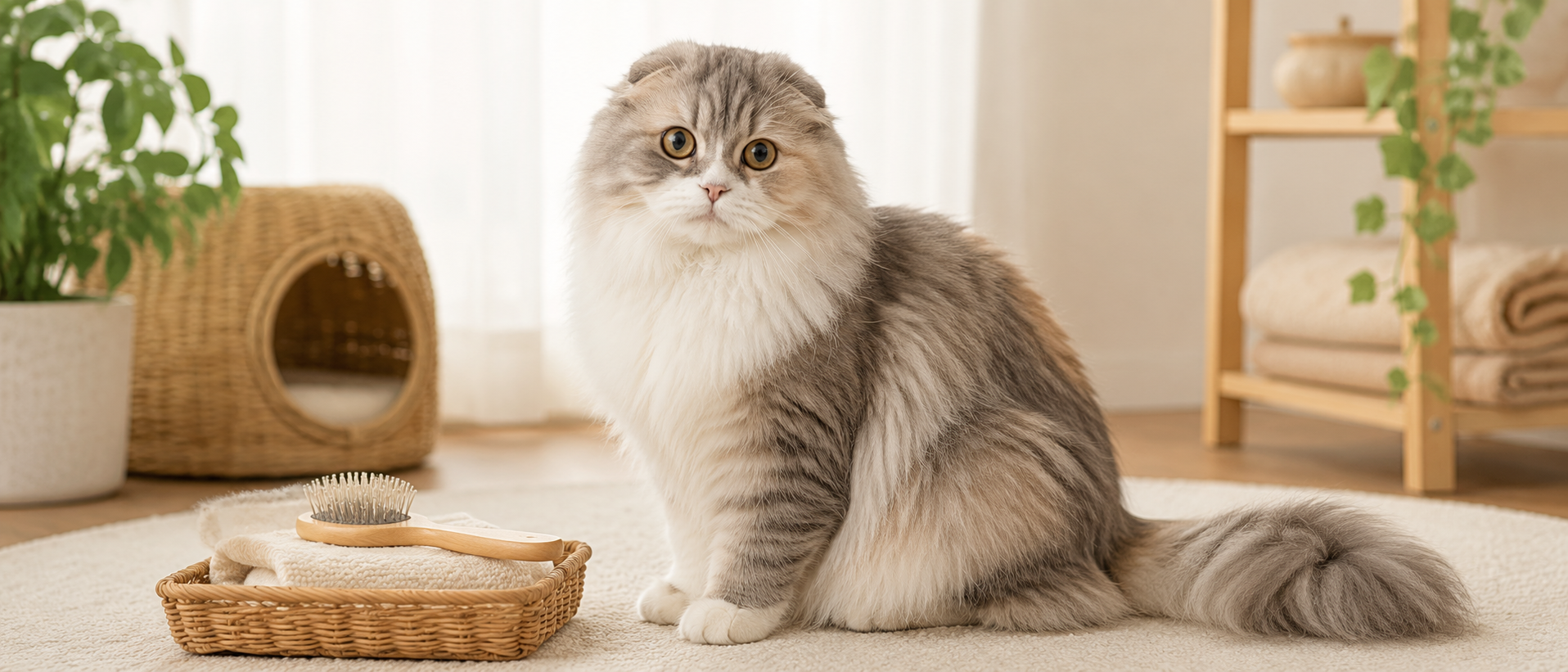 落ち着いた室内で、豊かに伸びた被毛をもつ猫が穏やかにたたずんでいる静物構図