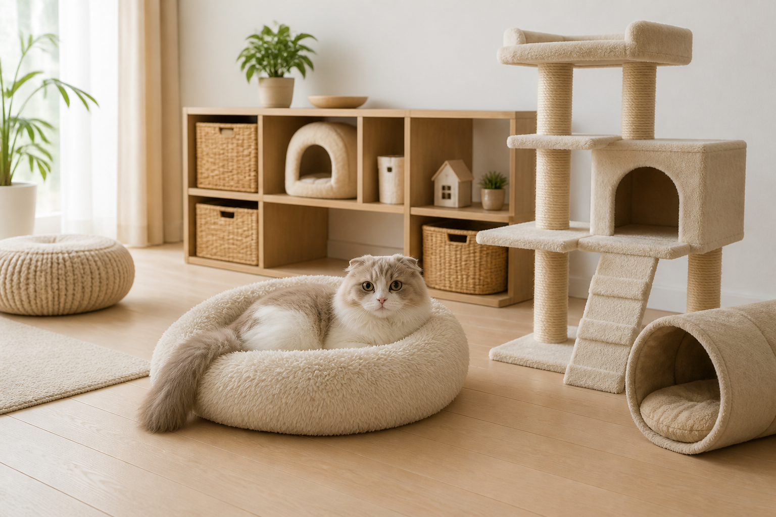 清潔に整えられたリビングのフロアに、猫が安心してくつろげるベッドやキャットタワーが配置されている静物構図