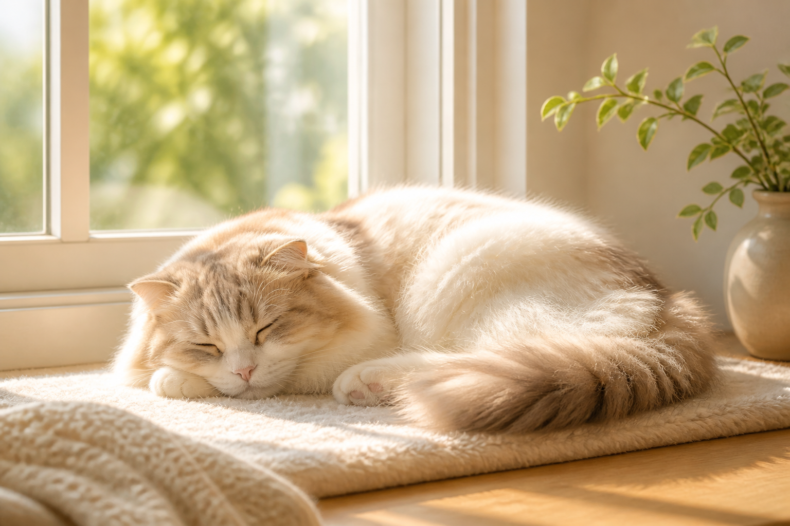 日当たりの良い窓辺で、毛並みの整った猫が心地よさそうにお昼寝をしている平和な静物構図