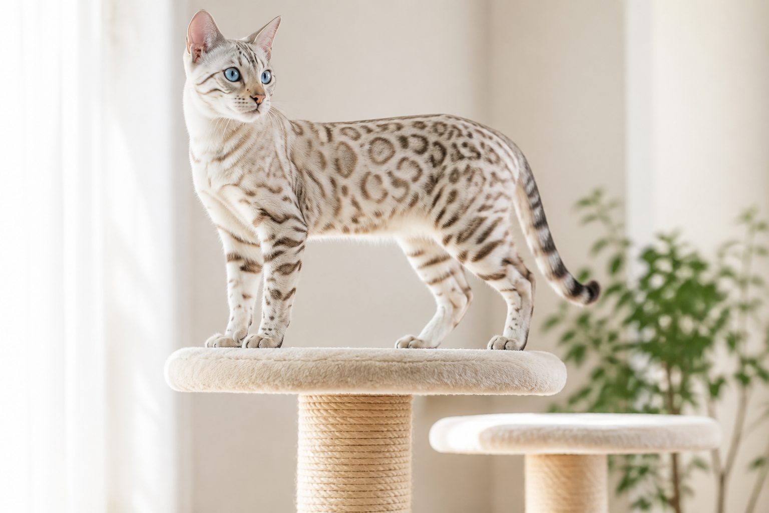 明るい室内でキャットタワーの頂上に立ち、しなやかな体躯と斑紋模様を見せるスノーベンガル