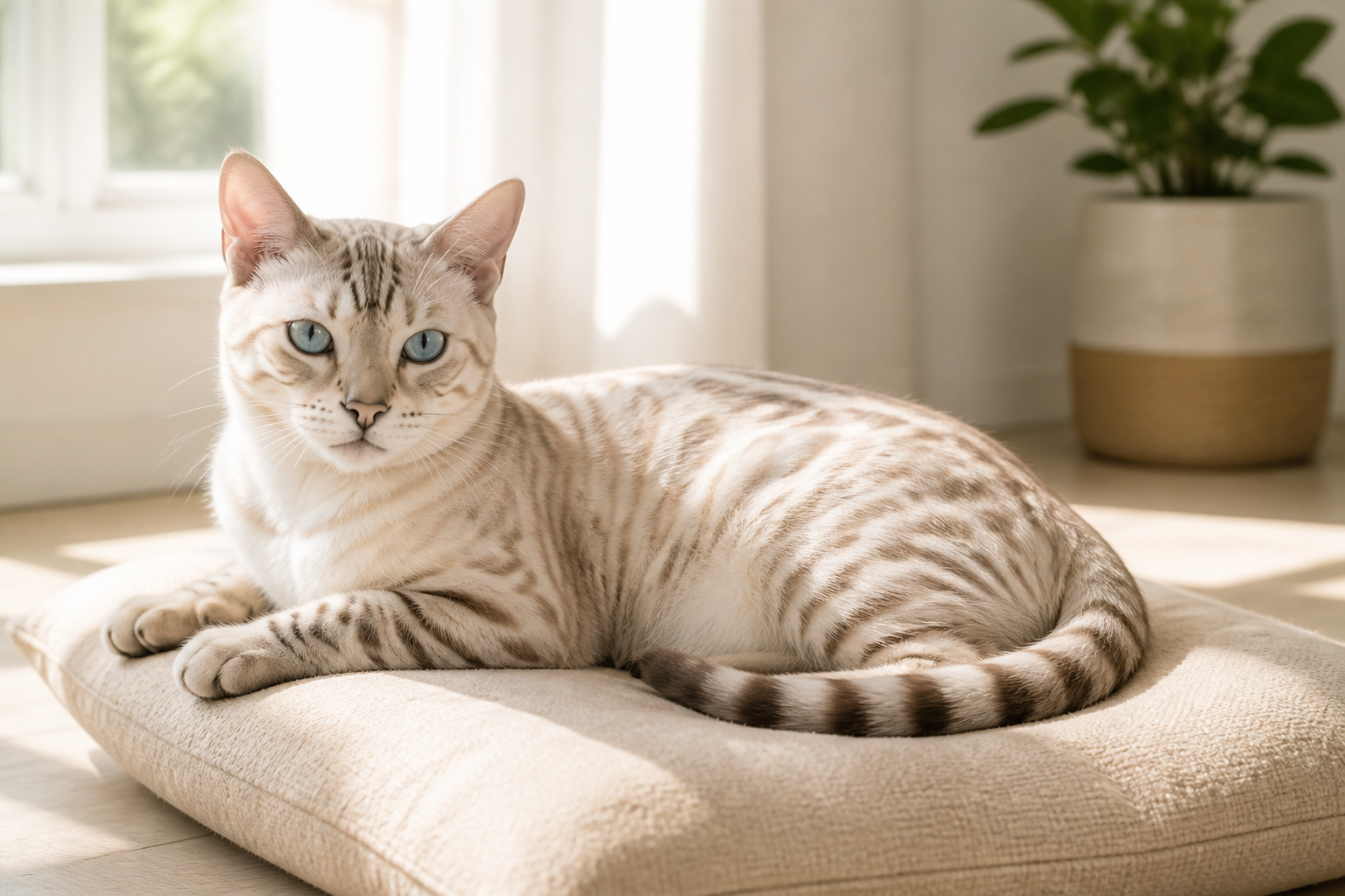 日当たりの良い部屋で、安心しきった表情で無地のクッションに寛ぐ成猫のスノーベンガル