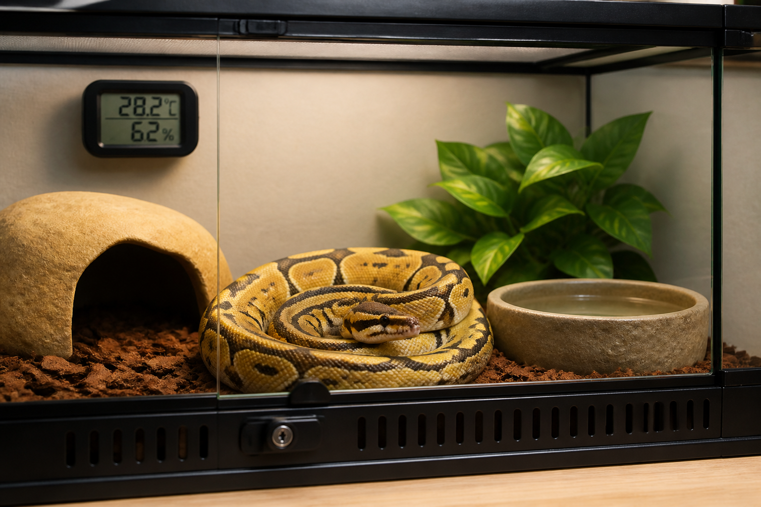 ケージ内のヘビと温湿度計を描いた飼育場面のイメージ