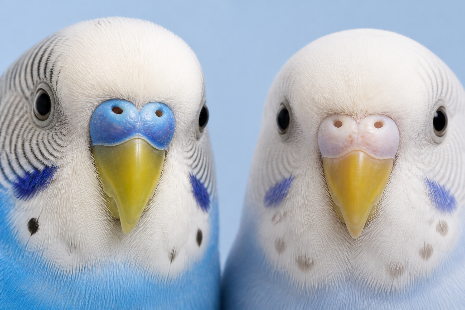 セキセイインコのくちばし上部にある「ろう膜」の近接ショット。青みのある色合いと白みがかった色合いの比較が分かる静物構図