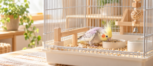 落ち着いた室内で専用のケージや飼育用品が整えられ、温かみのある光が差し込んでいる飼育環境の静物