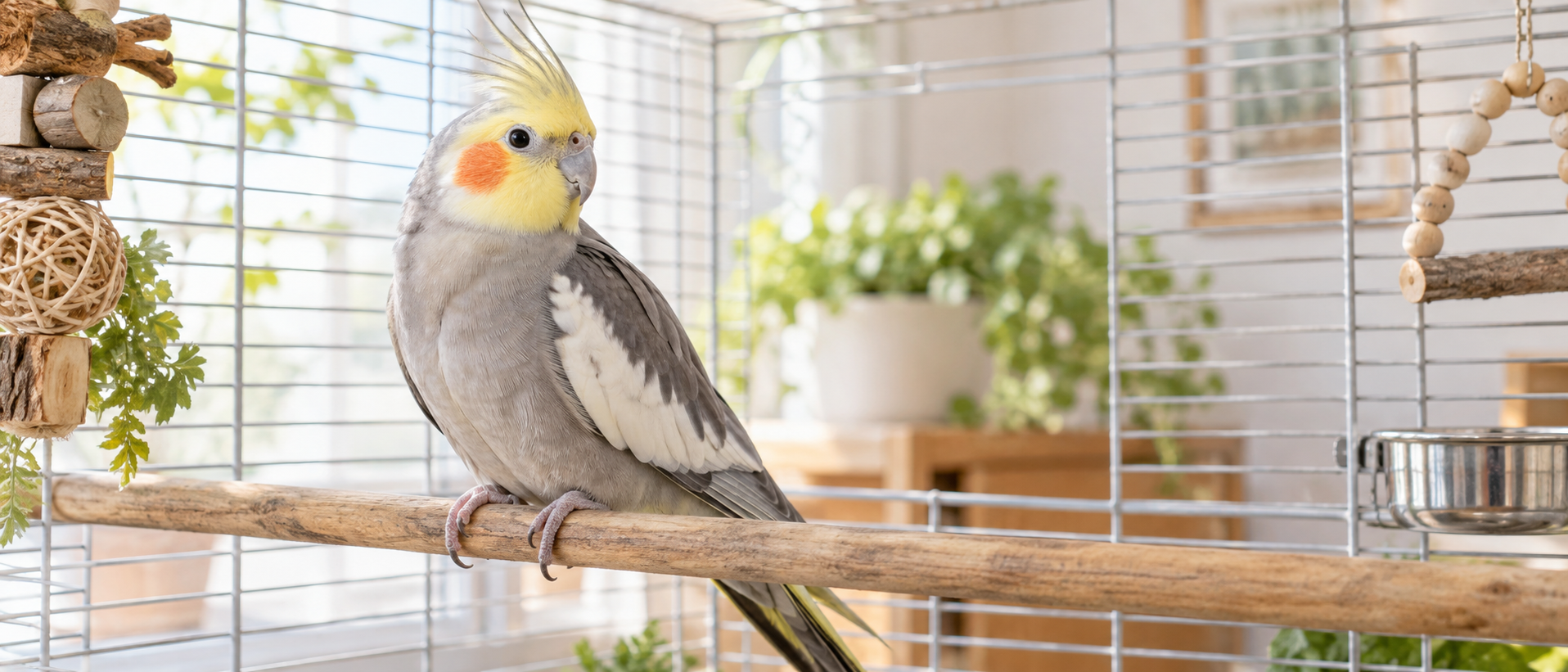明るい室内で木製のパーチにとまるオカメインコをやや斜めから捉えた静物構図。特徴的な冠羽と頬の模様、穏やかな佇まいが際立つ自然光の写真