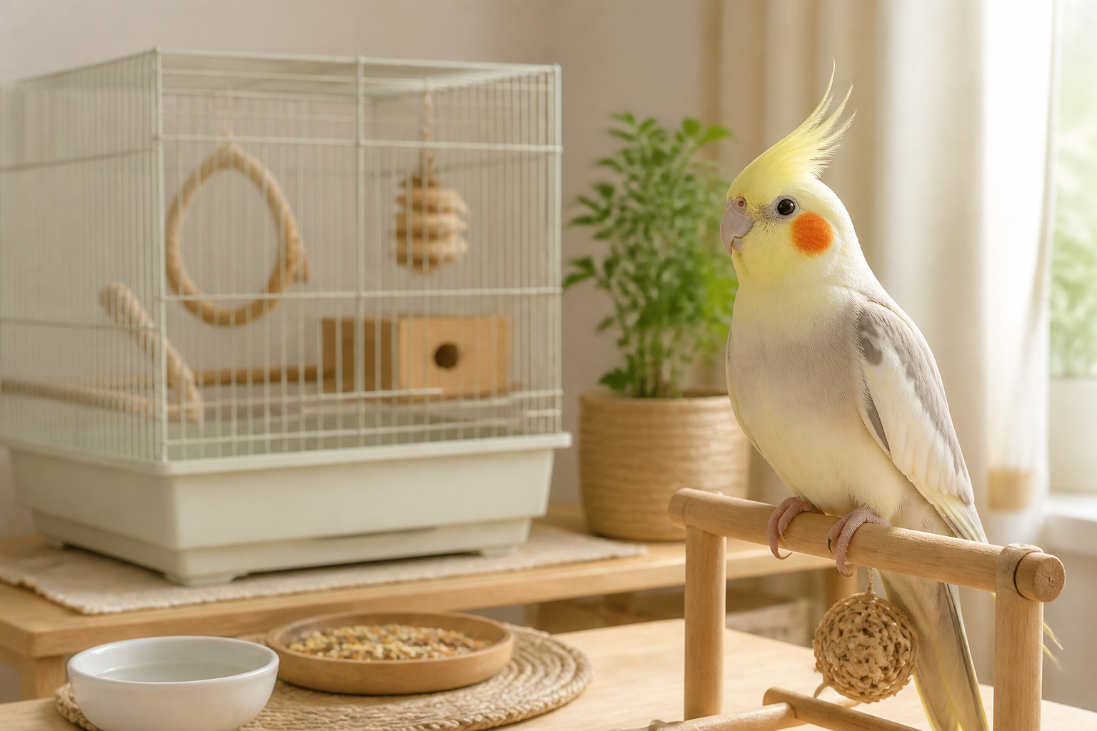 オカメインコとの適切な距離感と愛情を感じさせる、穏やかな飼育空間のイメージを捉えた静物構図