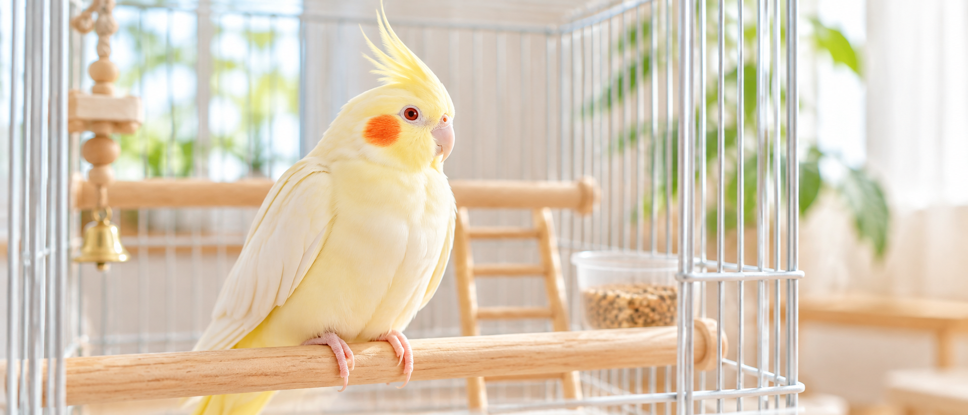 明るい室内でケージから出て静かに羽を休めている黄色と白の美しいオカメインコ