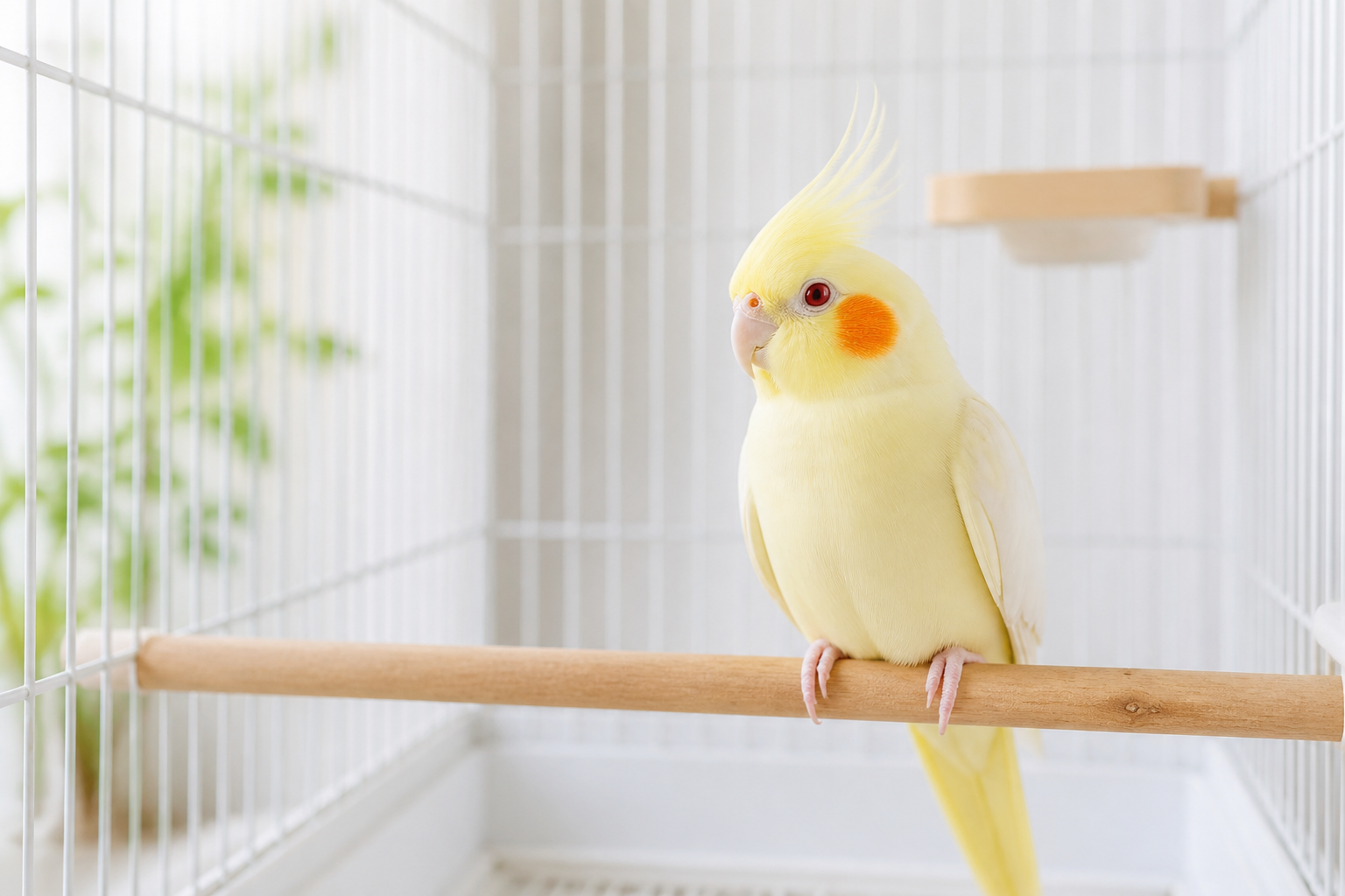 清潔な鳥かごの中で静かにとまり木にとまっている淡い黄色のオカメインコ