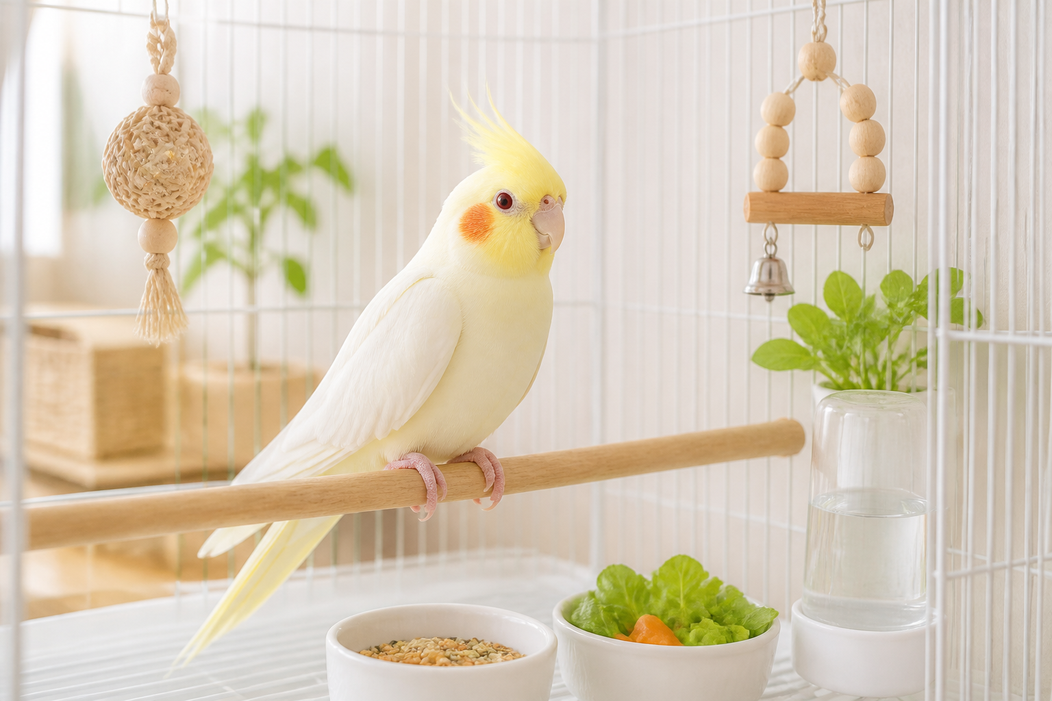清潔で整った飼育環境の中で穏やかに過ごしているオカメインコ