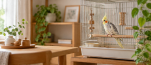 明るく落ち着いた室内の横長ケージで止まり木にいるオカメインコ