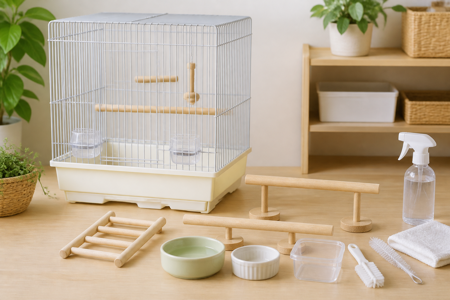 清潔な鳥用ケージと、止まり木・食器・掃除用品を整えた無文字の飼育準備スペース