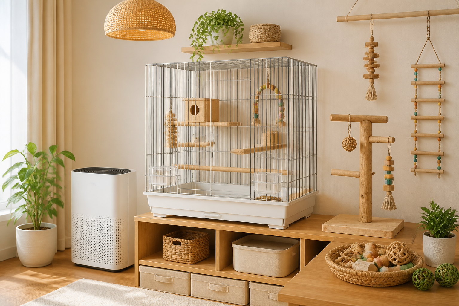 あたたかみのある部屋で、綺麗に整えられたケージと鳥用のおもちゃが配置された快適な飼育スペース