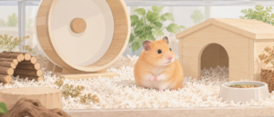 明るい室内で木製ハウスの横にちょこんと座り、周囲を見渡しているアプリコット色のキンクマハムスター