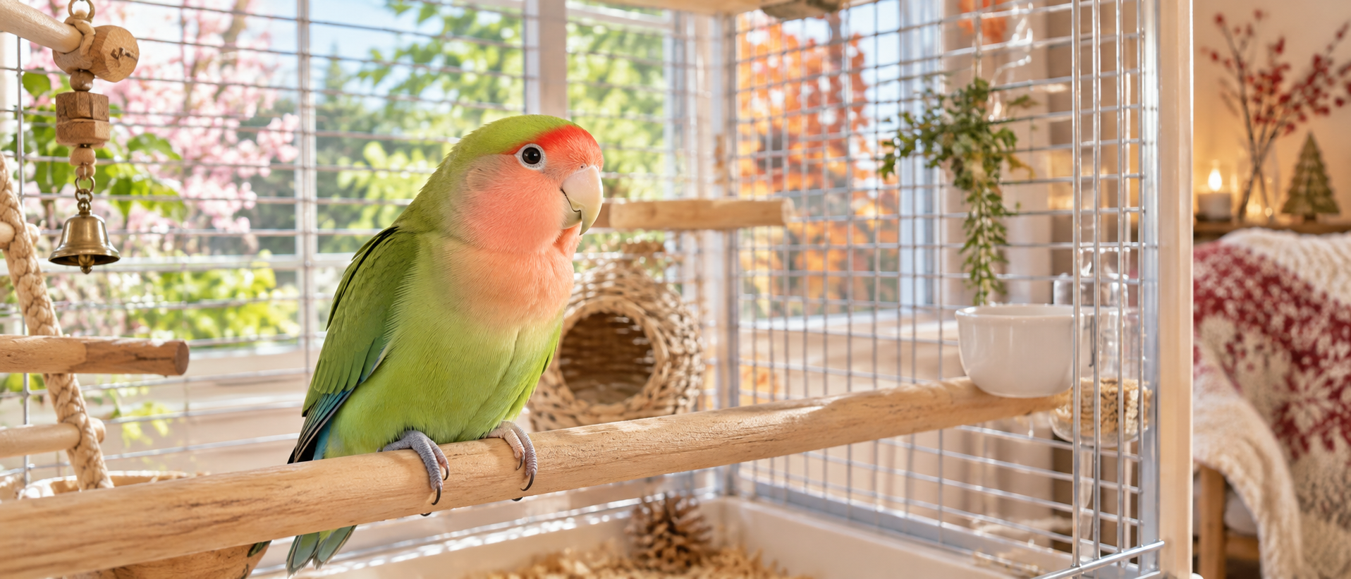 明るい室内で木製のパーチに佇む美しい鮮やかなコザクラインコ