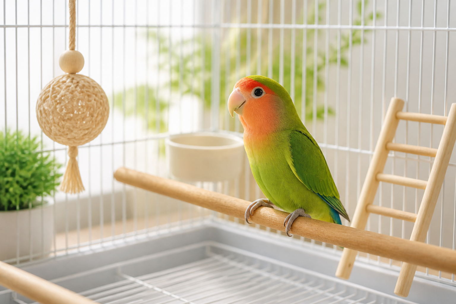 静かなお部屋のケージ内で元気に過ごすコザクラインコの様子