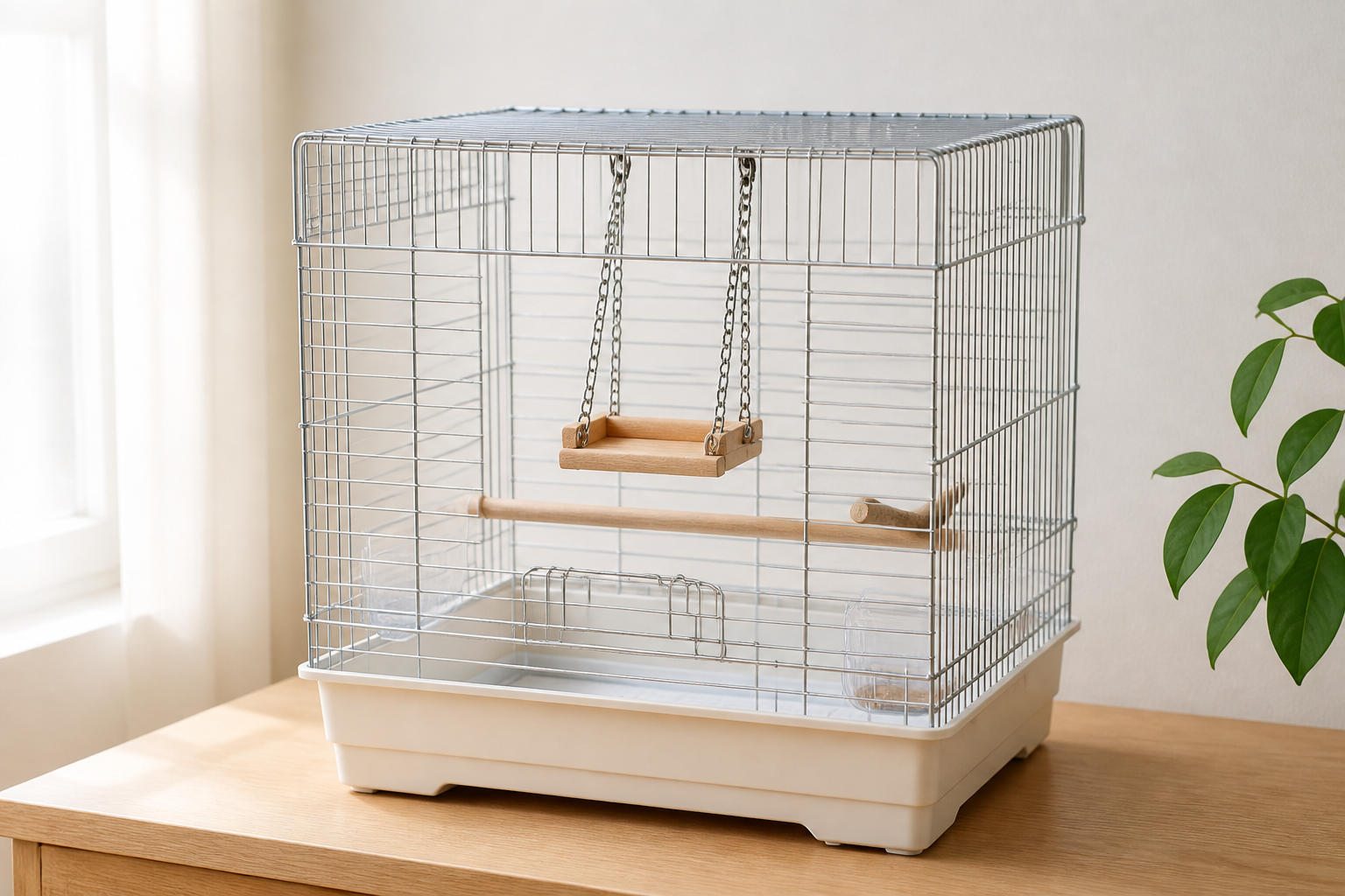 自然光が差し込む部屋で、小さな木製ブランコが吊るされたケージ全体を収めた清潔感のある静物写真