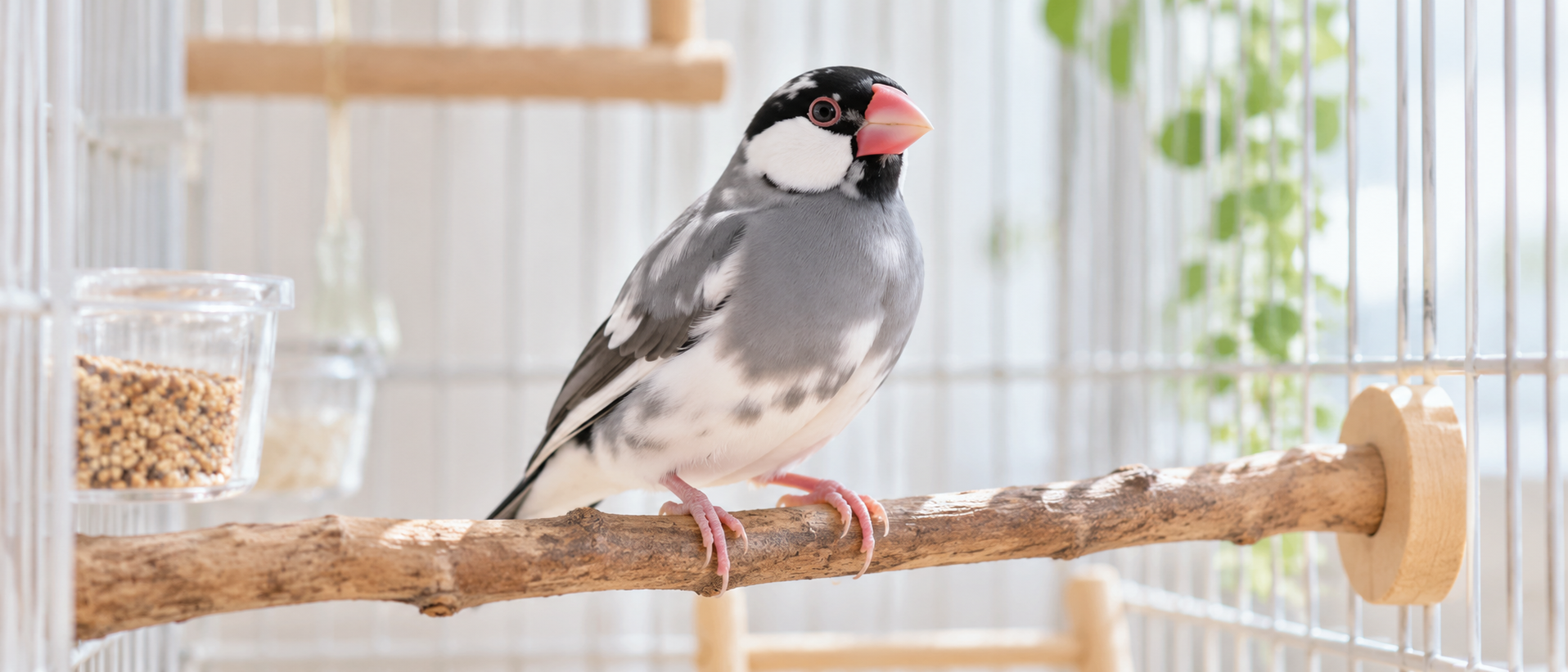 明るい室内で木製の止まり木にとまり、黒と白のまだら模様の羽色と赤いクチバシを持つ桜文鳥の静物構図