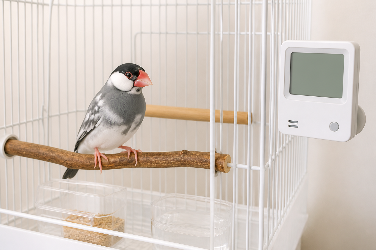 ケージ、止まり木と桜文鳥、温度計を描いたイメージ