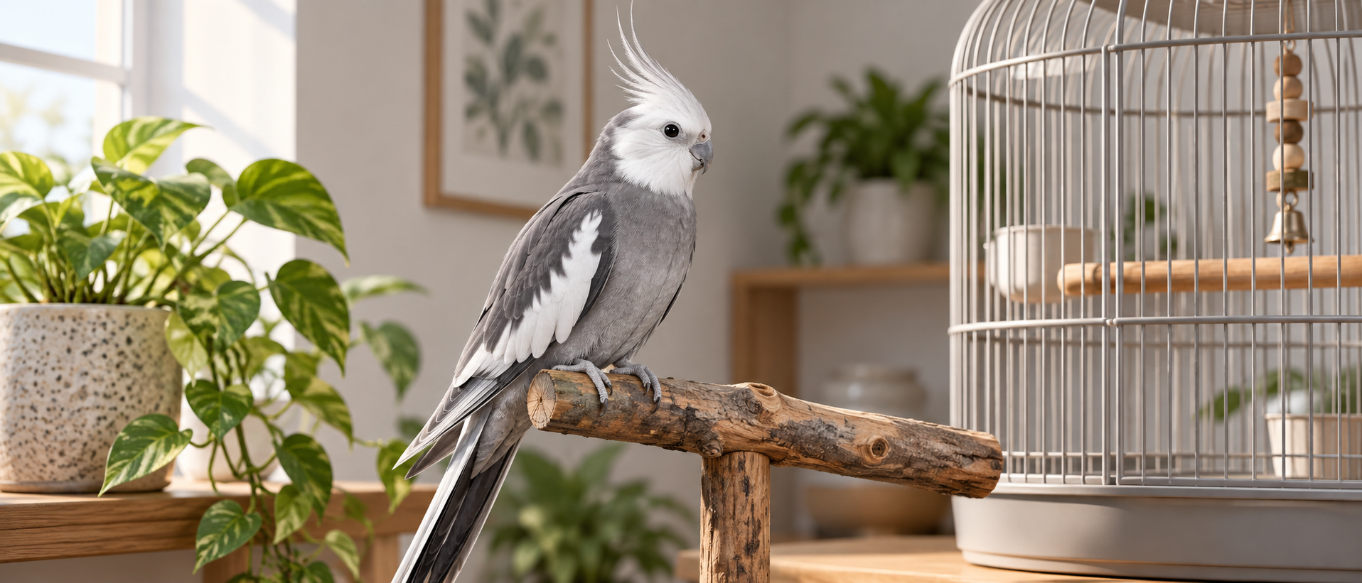 落ち着いた室内で、鳥かごの近くに置かれたシンプルな観賞植物とやわらかな自然光が差し込む静物構図
