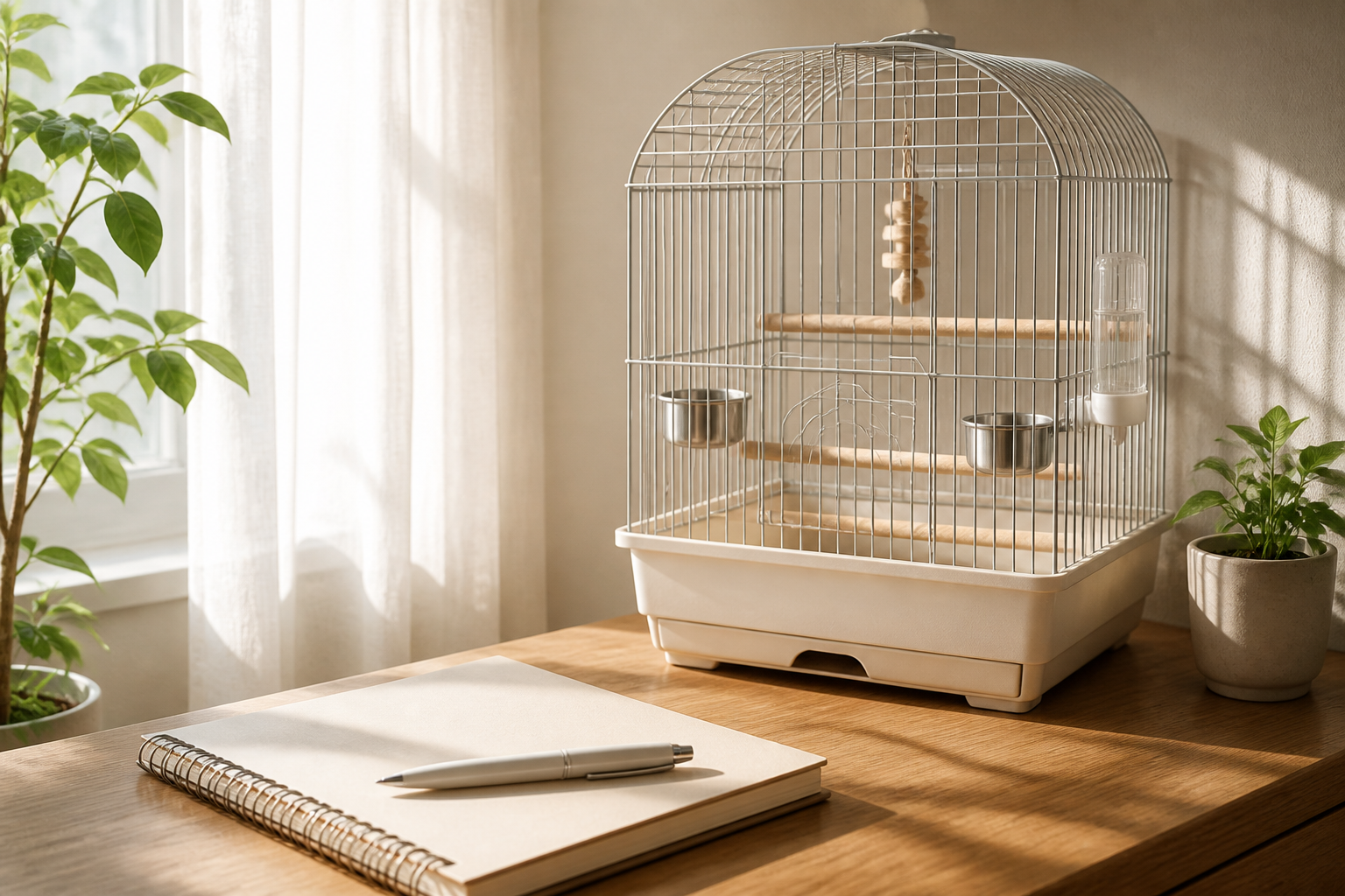 陽光が注ぐ部屋で、整えられた鳥用ケージの横に置かれたノートとペン、落ち着いた雰囲気の静物写真