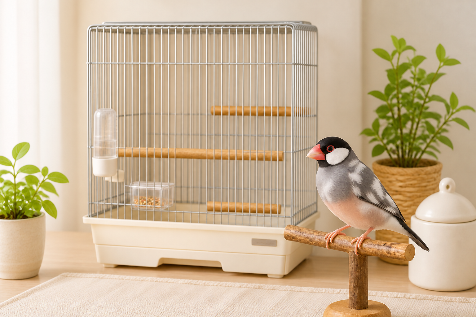 見守りのある放鳥場面で止まり木にいる桜文鳥のイメージ
