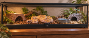 2つの隠れ家と水入れのあるケージで過ごすバナナモルフのヘビを描いたイメージ