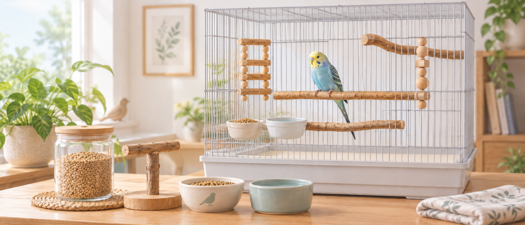 一羽のセキセイインコと広いケージを示す飼育の編集イメージ