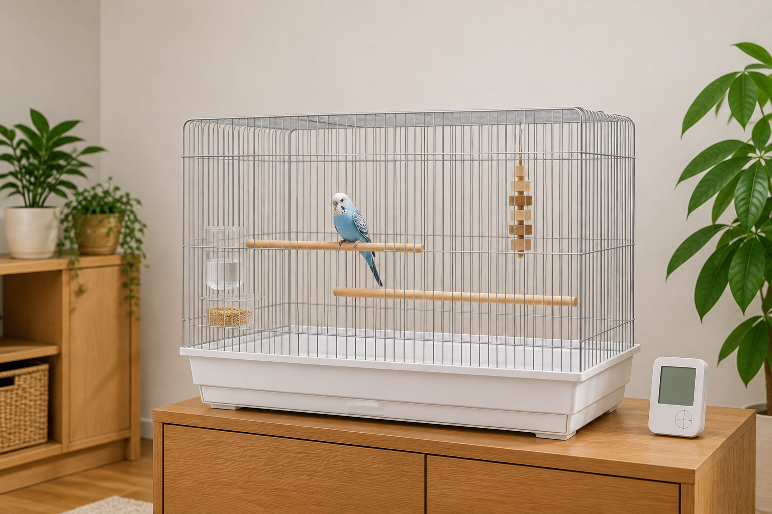 一羽のセキセイインコと広いケージを示す飼育の編集イメージ